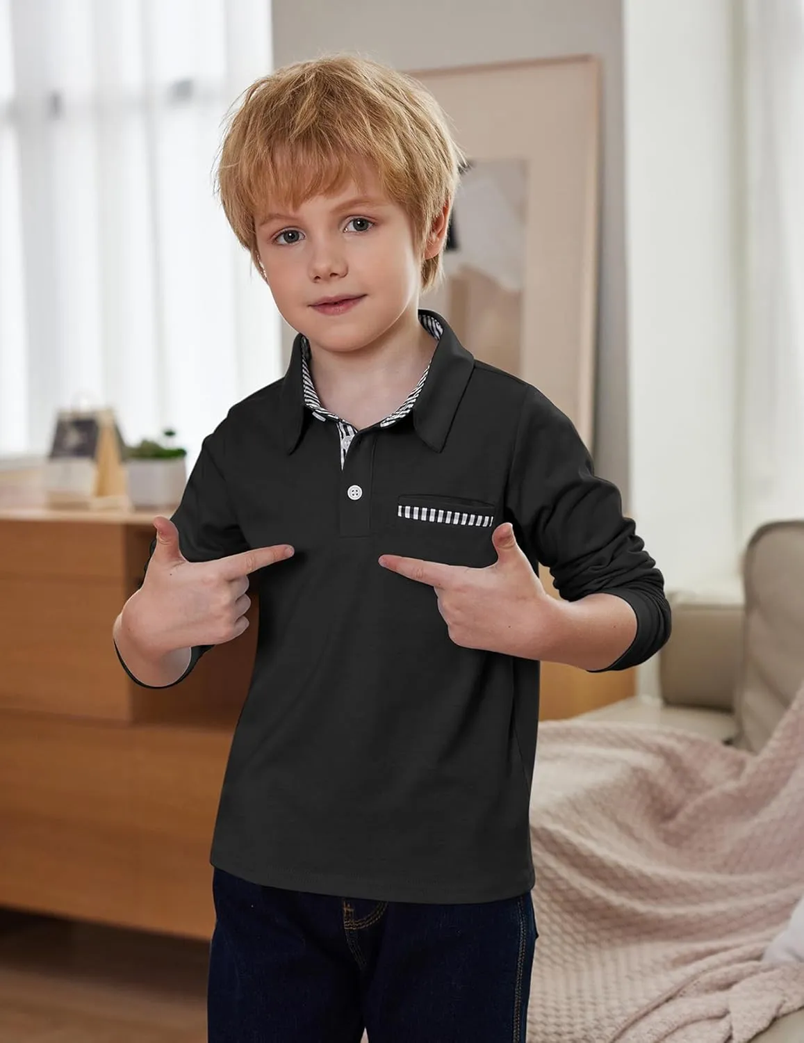 Arshiner Boy's Long Sleeve Plaid Trim Polo Shirt School Uniform Shirt with Pocket for 4-12 Years