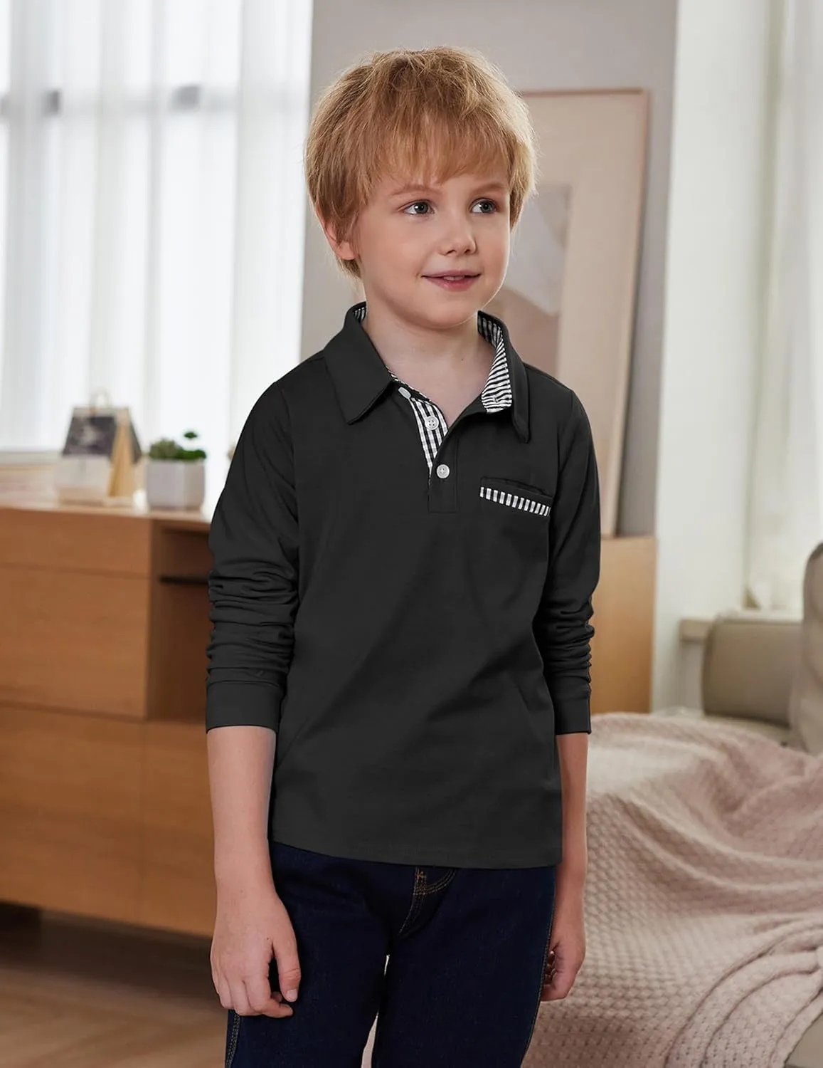 Arshiner Boy's Long Sleeve Plaid Trim Polo Shirt School Uniform Shirt with Pocket for 4-12 Years