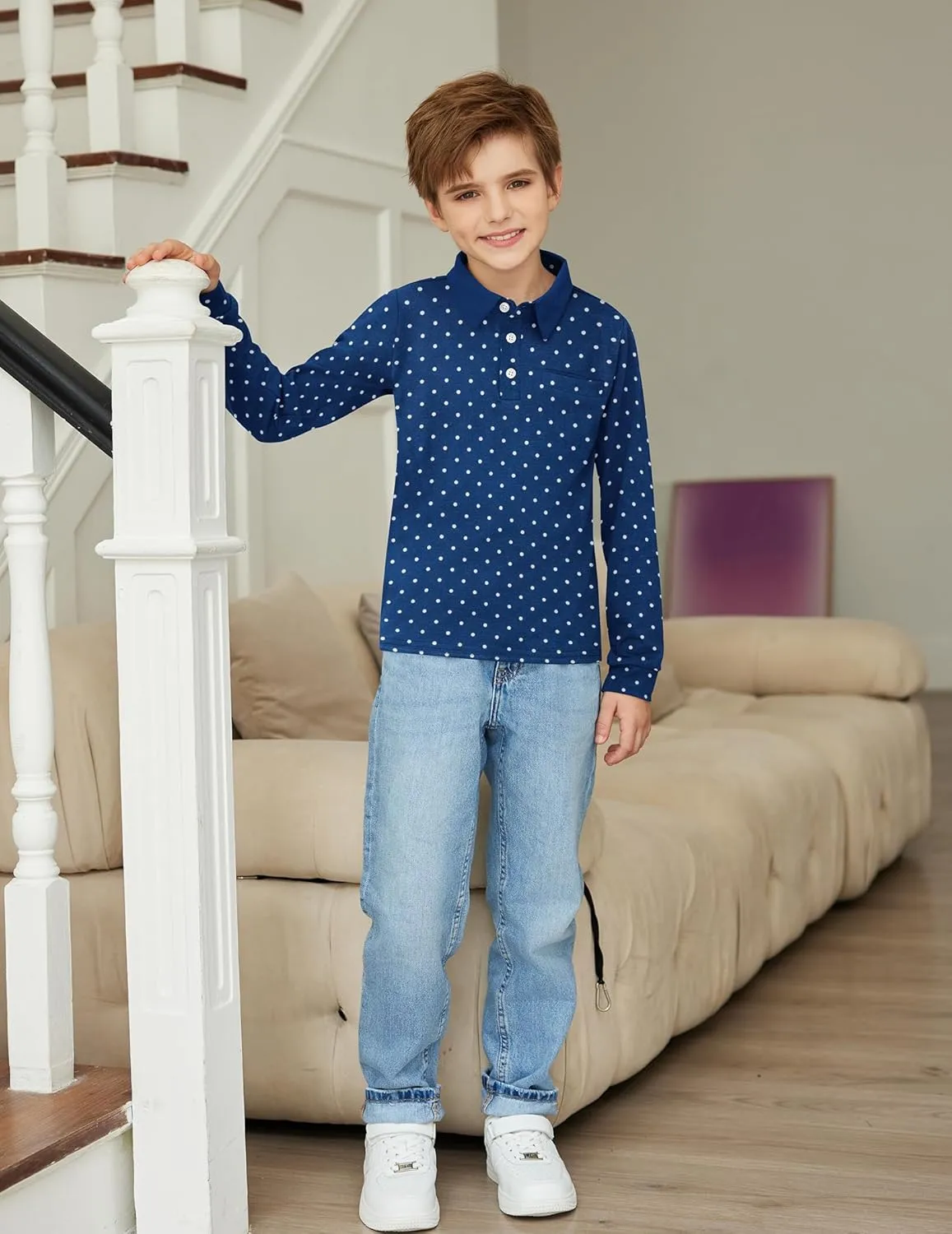 Arshiner Boy's Long Sleeve Plaid Trim Polo Shirt School Uniform Shirt with Pocket for 4-12 Years