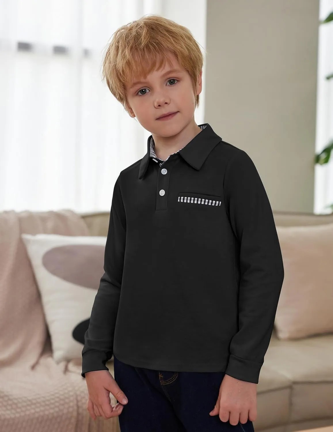 Arshiner Boy's Long Sleeve Plaid Trim Polo Shirt School Uniform Shirt with Pocket for 4-12 Years