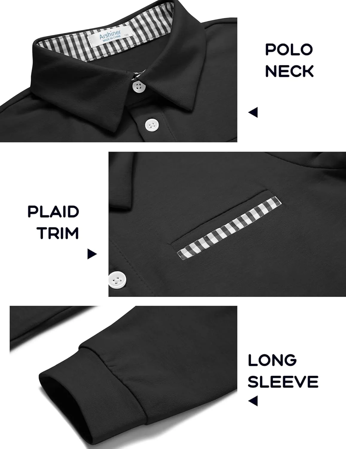 Arshiner Boy's Long Sleeve Plaid Trim Polo Shirt School Uniform Shirt with Pocket for 4-12 Years