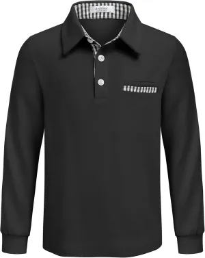 Arshiner Boy's Long Sleeve Plaid Trim Polo Shirt School Uniform Shirt with Pocket for 4-12 Years