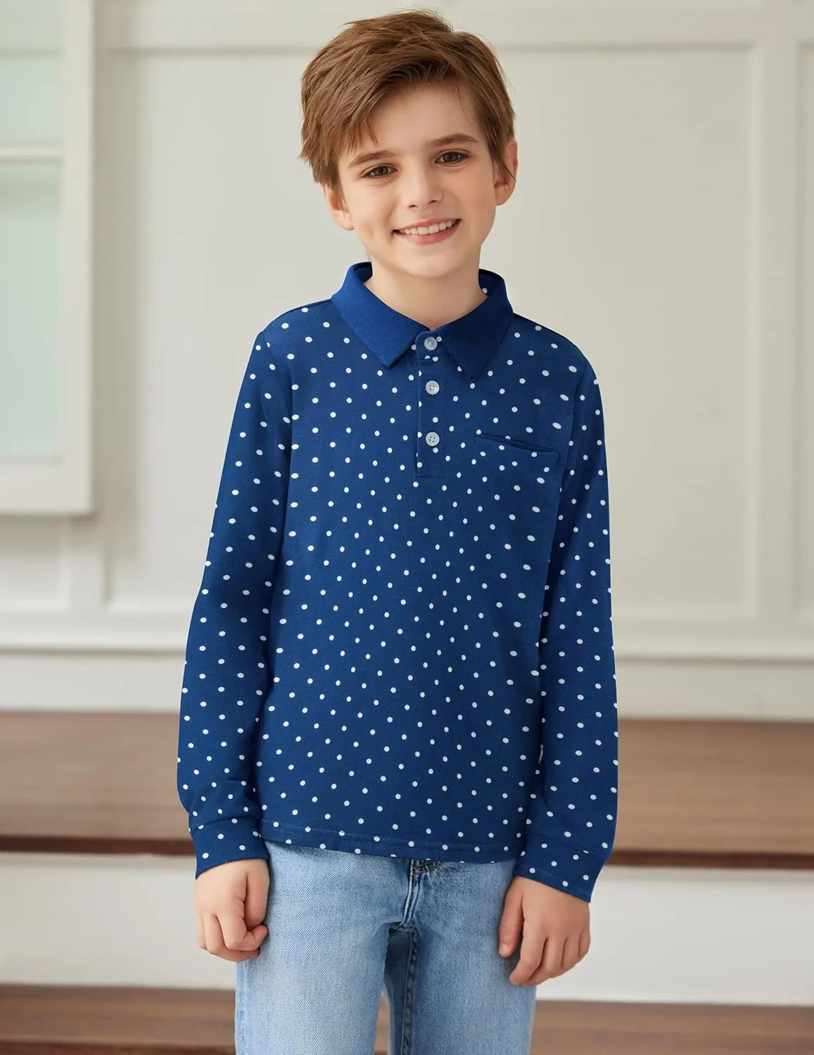 Arshiner Boy's Long Sleeve Plaid Trim Polo Shirt School Uniform Shirt with Pocket for 4-12 Years