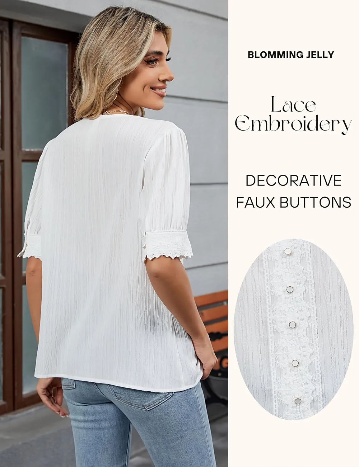 Blooming Jelly Womens Dressy Casual Blouse Short Puff Sleeve V Neck Lace Tops Summer Trendy Cute Ladies Business Work Shirt