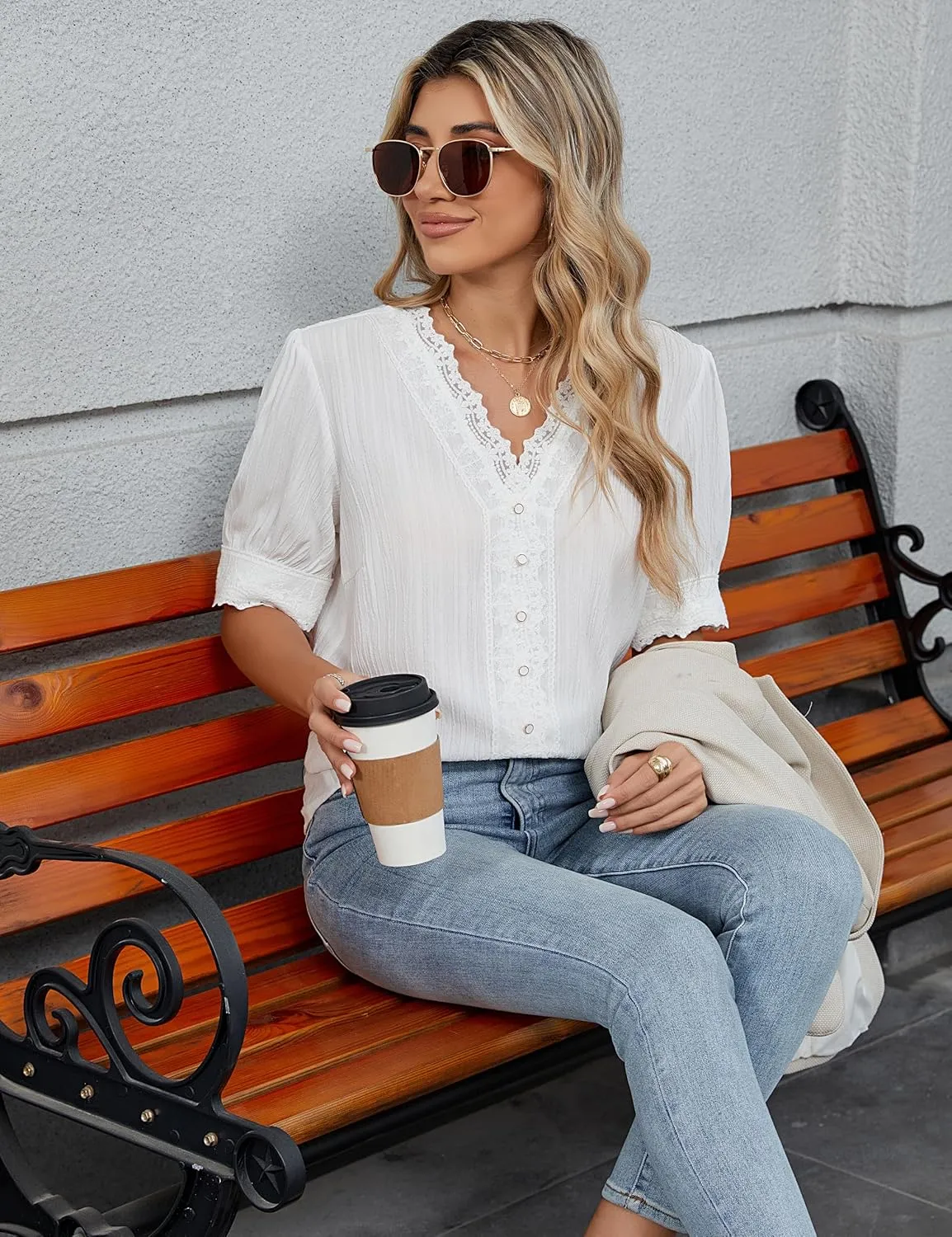 Blooming Jelly Womens Dressy Casual Blouse Short Puff Sleeve V Neck Lace Tops Summer Trendy Cute Ladies Business Work Shirt