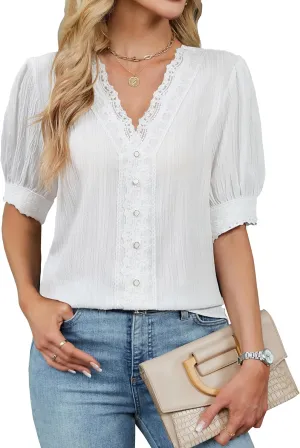 Blooming Jelly Womens Dressy Casual Blouse Short Puff Sleeve V Neck Lace Tops Summer Trendy Cute Ladies Business Work Shirt
