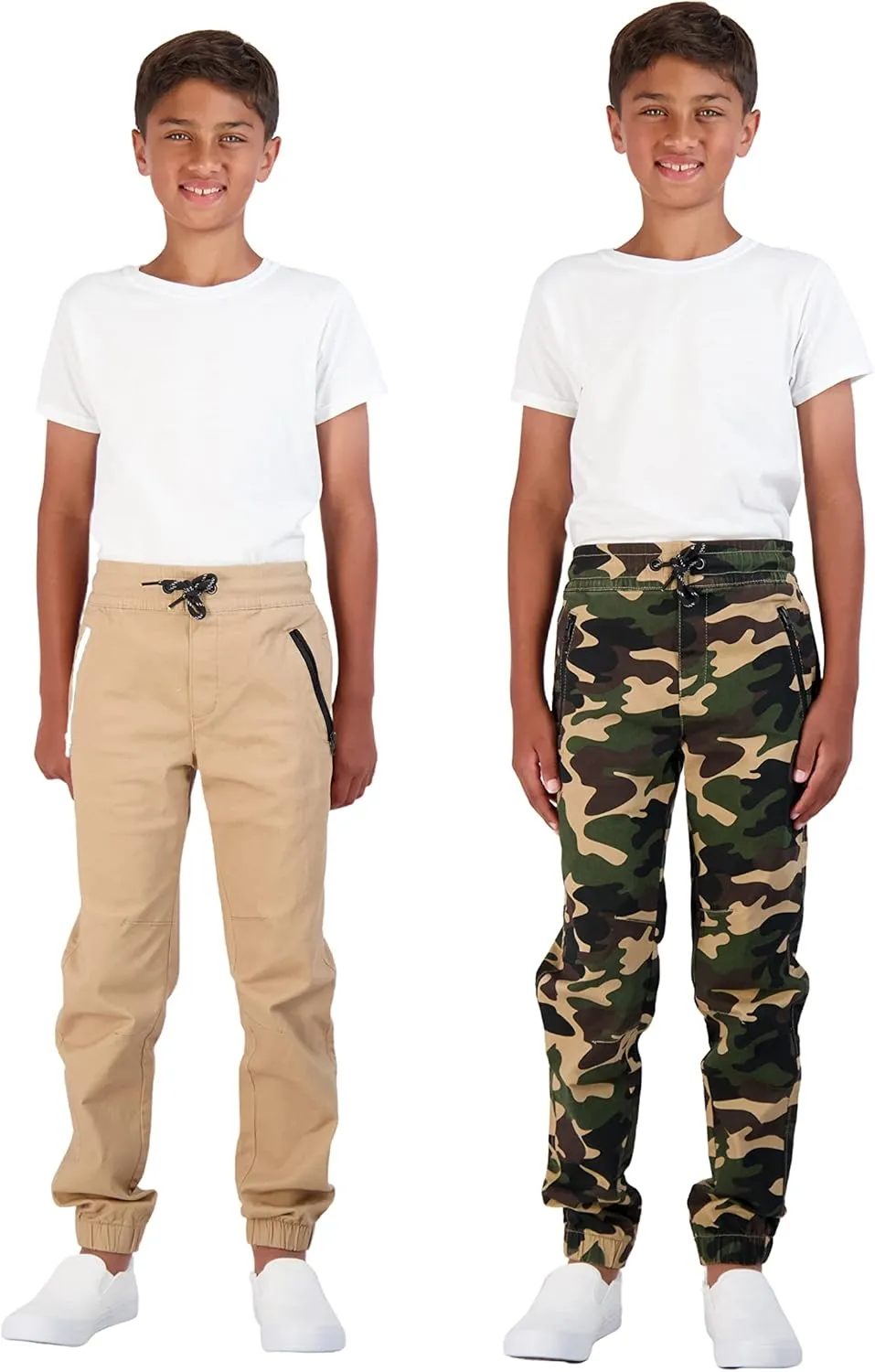 Boys 2-Pack Twill Jogger Pants with Zipper Pockets Pull on Pants for Kids