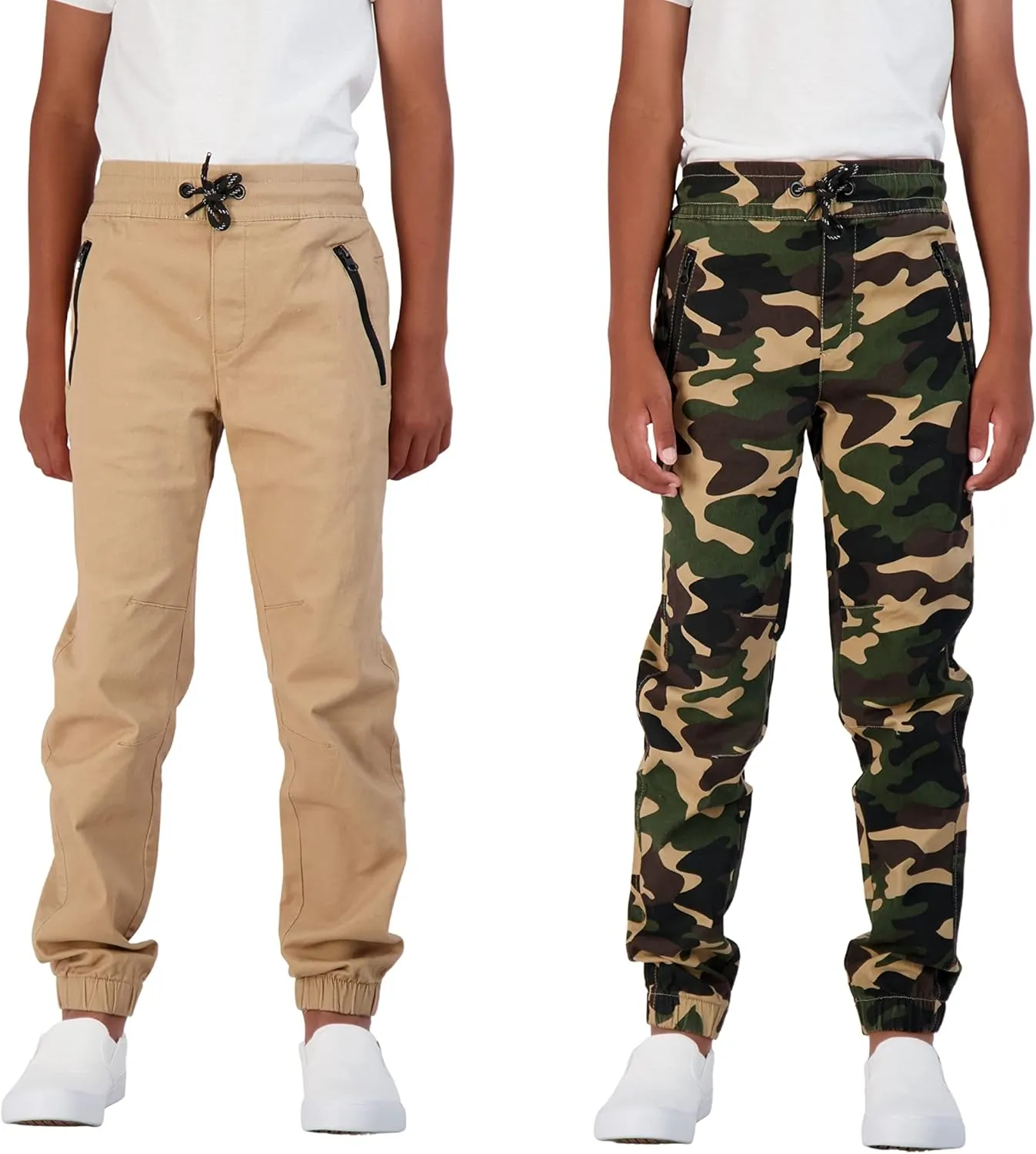 Boys 2-Pack Twill Jogger Pants with Zipper Pockets Pull on Pants for Kids