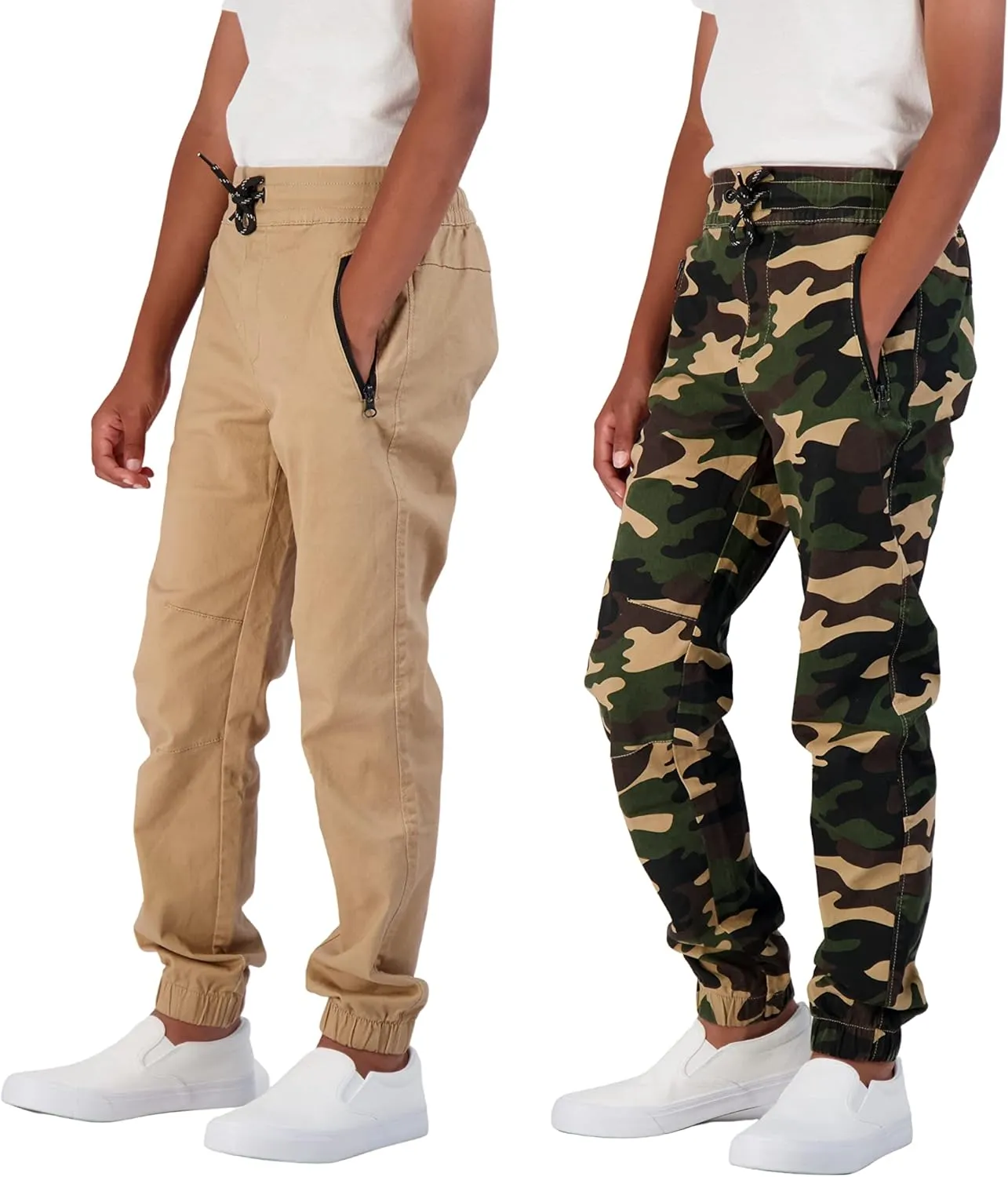 Boys 2-Pack Twill Jogger Pants with Zipper Pockets Pull on Pants for Kids
