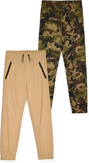 Boys 2-Pack Twill Jogger Pants with Zipper Pockets Pull on Pants for Kids
