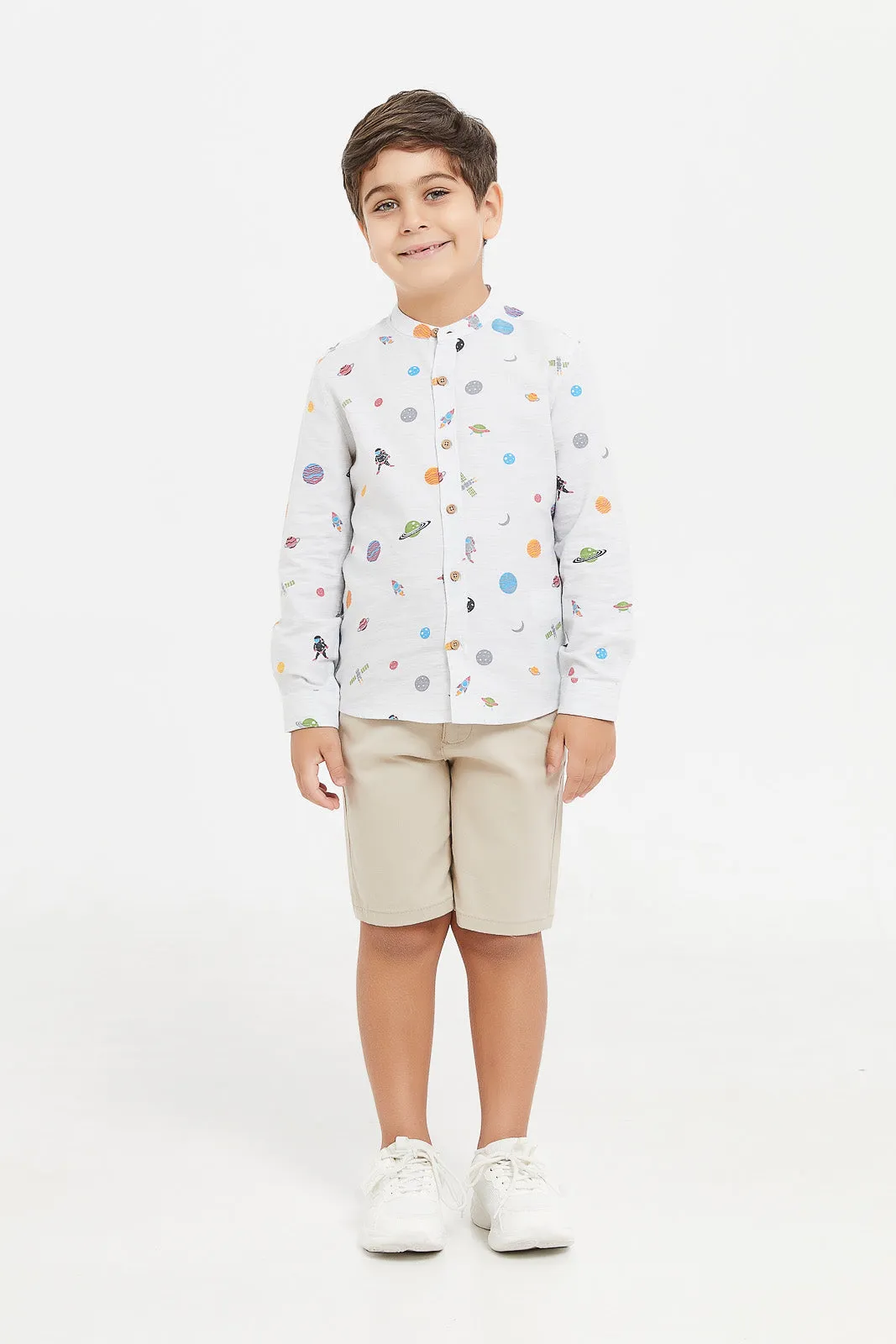 Boys Ecru Printed Mandarin Shirt