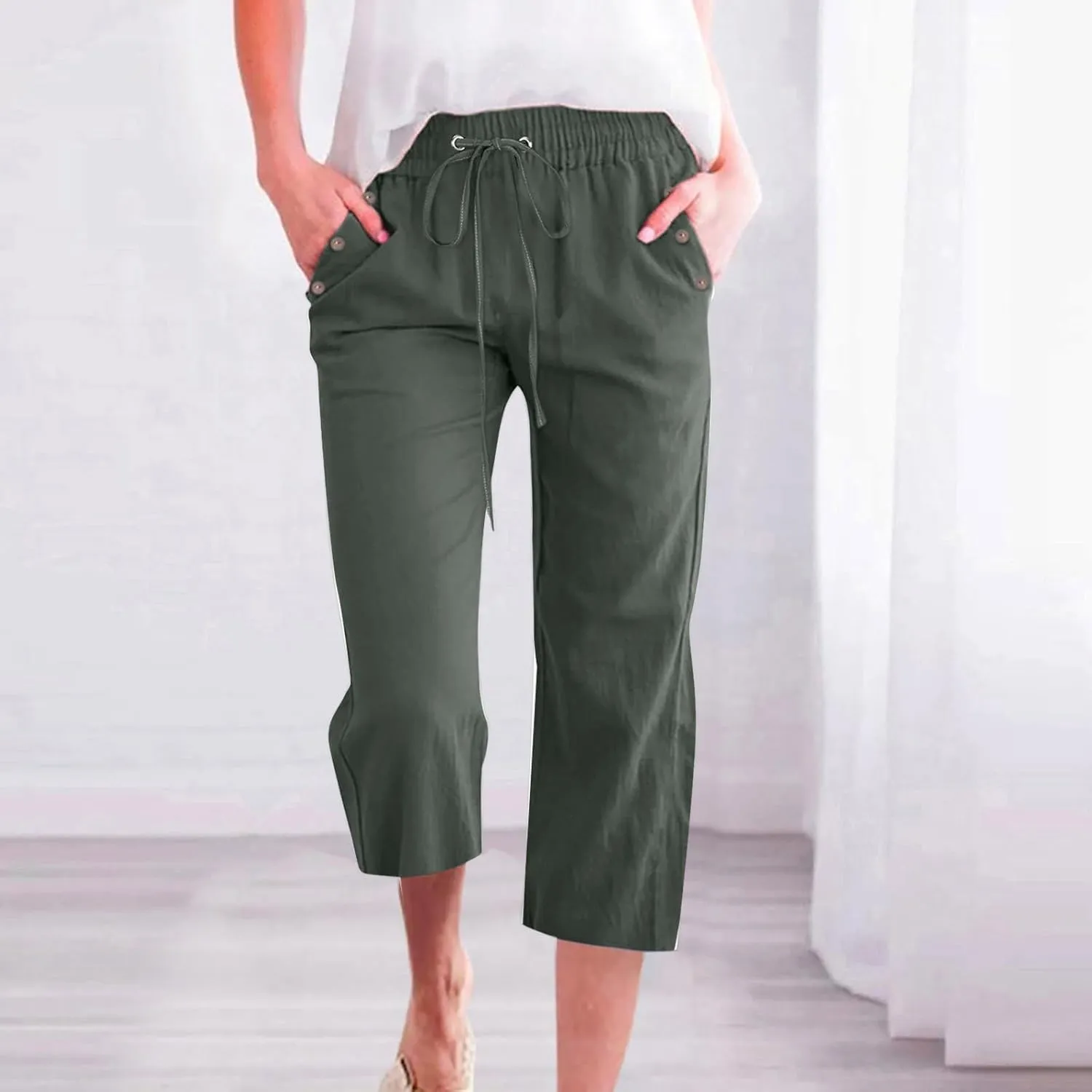 Capri Dress Pants for Women Petite Short Plus Size Drawstring Cropped Pants with Pockets Capris for Summer Dressy