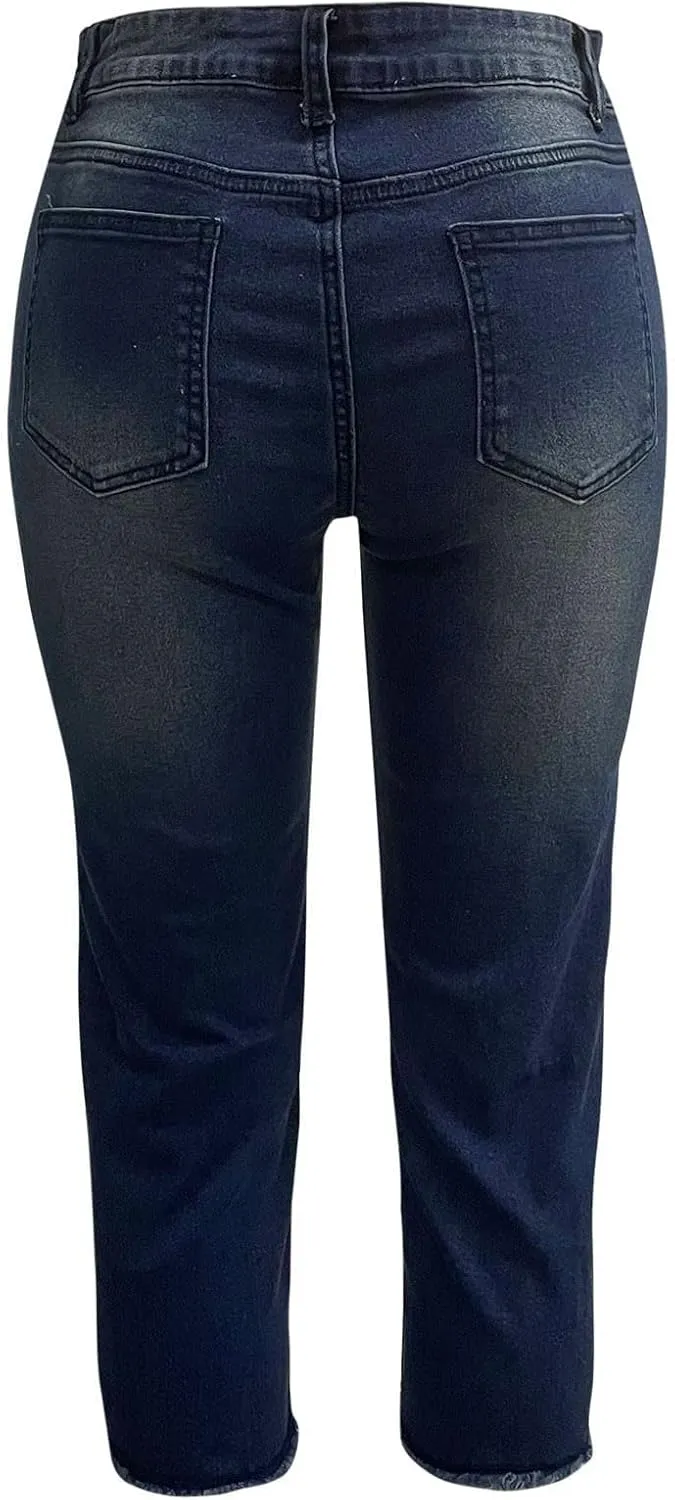 Capri Jeans for Women Stretch High Waisted Straight Leg Cropped Jeans Slim Fit Distressed Raw Hem Denim Capri Pants