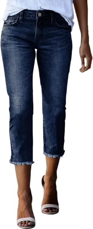 Capri Jeans for Women Stretch High Waisted Straight Leg Cropped Jeans Slim Fit Distressed Raw Hem Denim Capri Pants