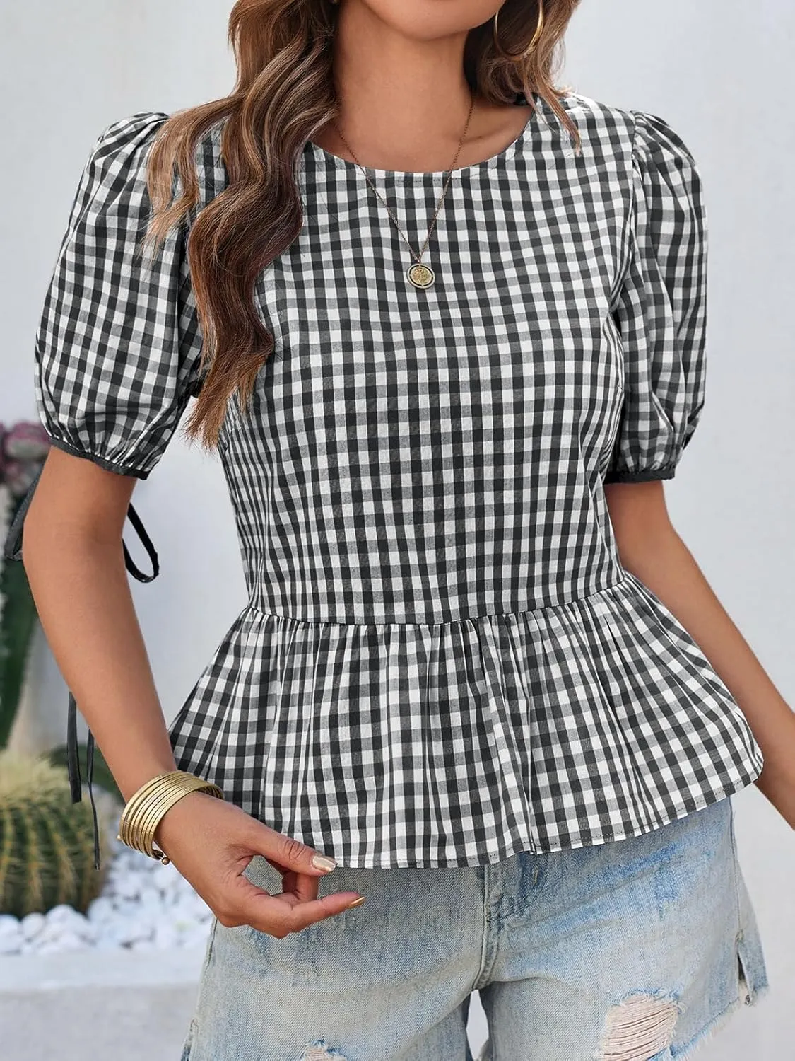 Cicy Bell Womens Puff Sleeve Gingham Blouse Summer Ruffle Peplum Babydoll Tops Cute Plaid Cotton Shirts