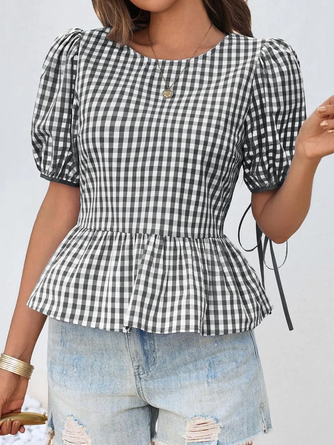 Cicy Bell Womens Puff Sleeve Gingham Blouse Summer Ruffle Peplum Babydoll Tops Cute Plaid Cotton Shirts