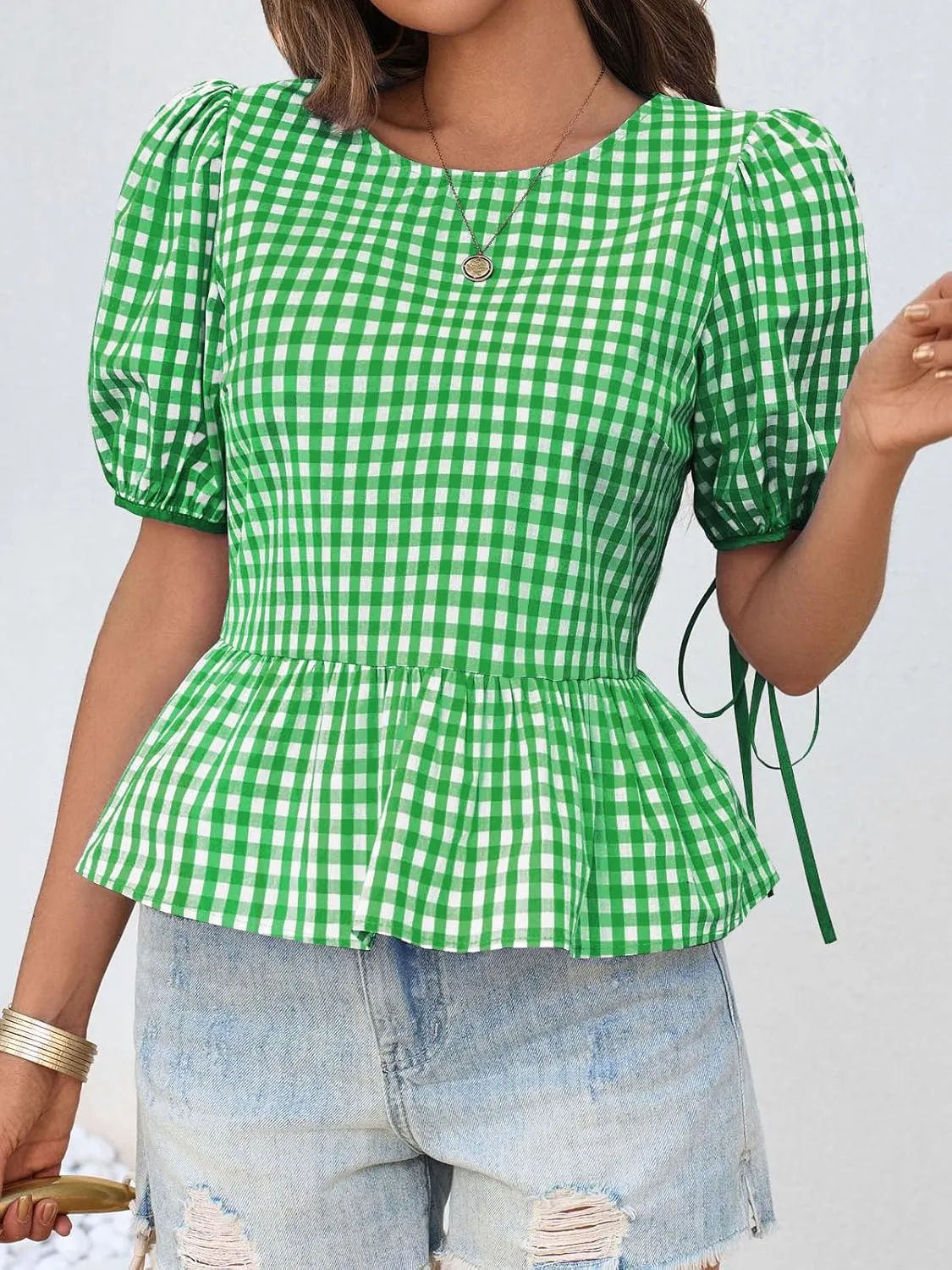 Cicy Bell Womens Puff Sleeve Gingham Blouse Summer Ruffle Peplum Babydoll Tops Cute Plaid Cotton Shirts