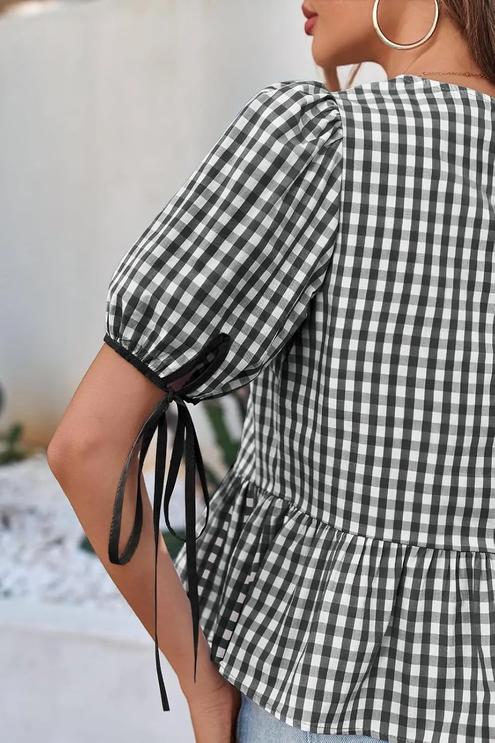 Cicy Bell Womens Puff Sleeve Gingham Blouse Summer Ruffle Peplum Babydoll Tops Cute Plaid Cotton Shirts