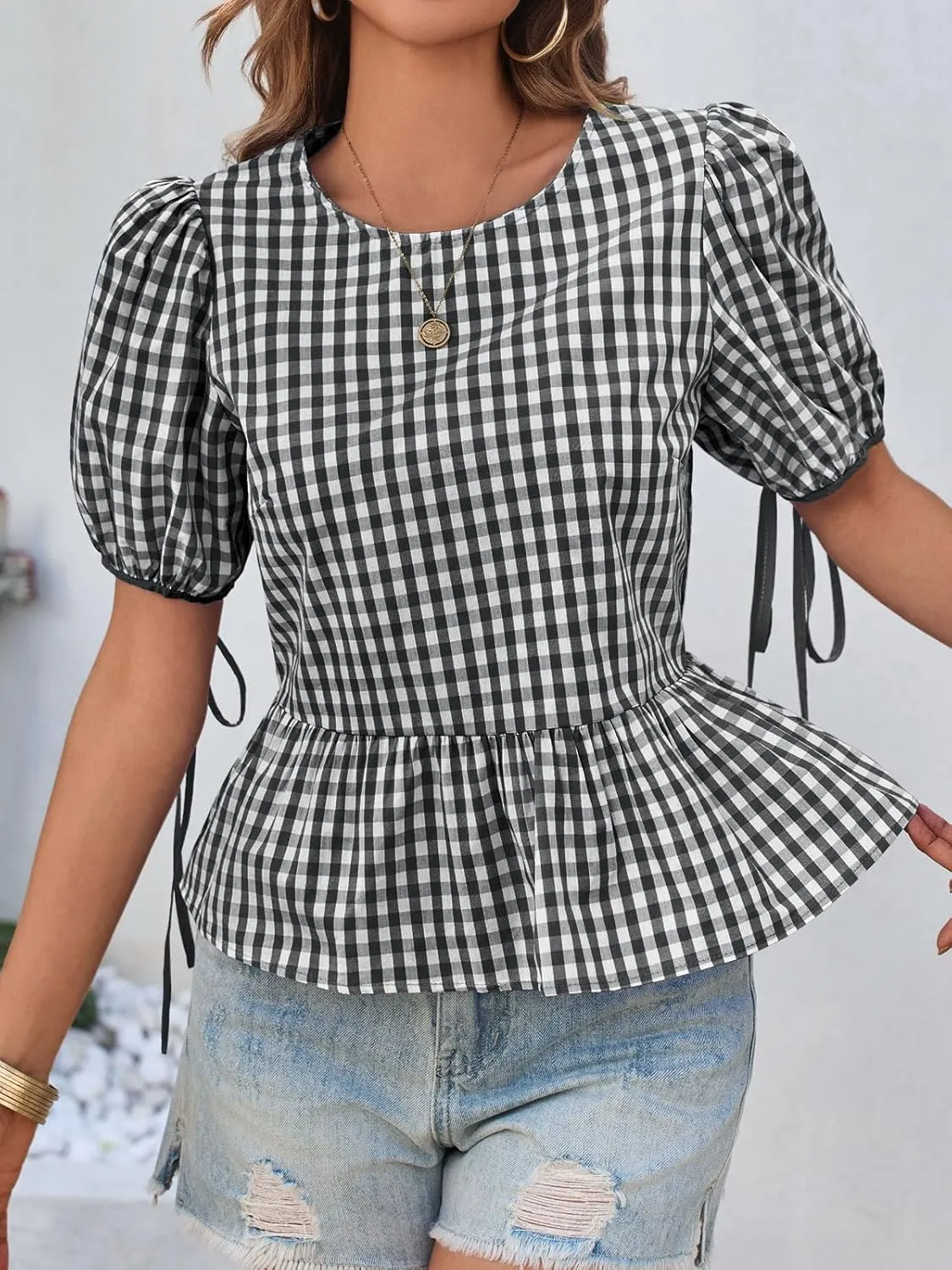 Cicy Bell Womens Puff Sleeve Gingham Blouse Summer Ruffle Peplum Babydoll Tops Cute Plaid Cotton Shirts