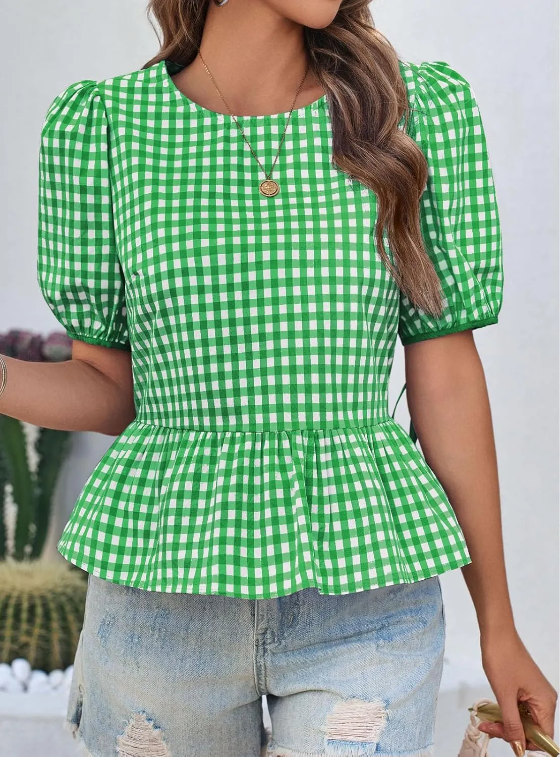 Cicy Bell Womens Puff Sleeve Gingham Blouse Summer Ruffle Peplum Babydoll Tops Cute Plaid Cotton Shirts