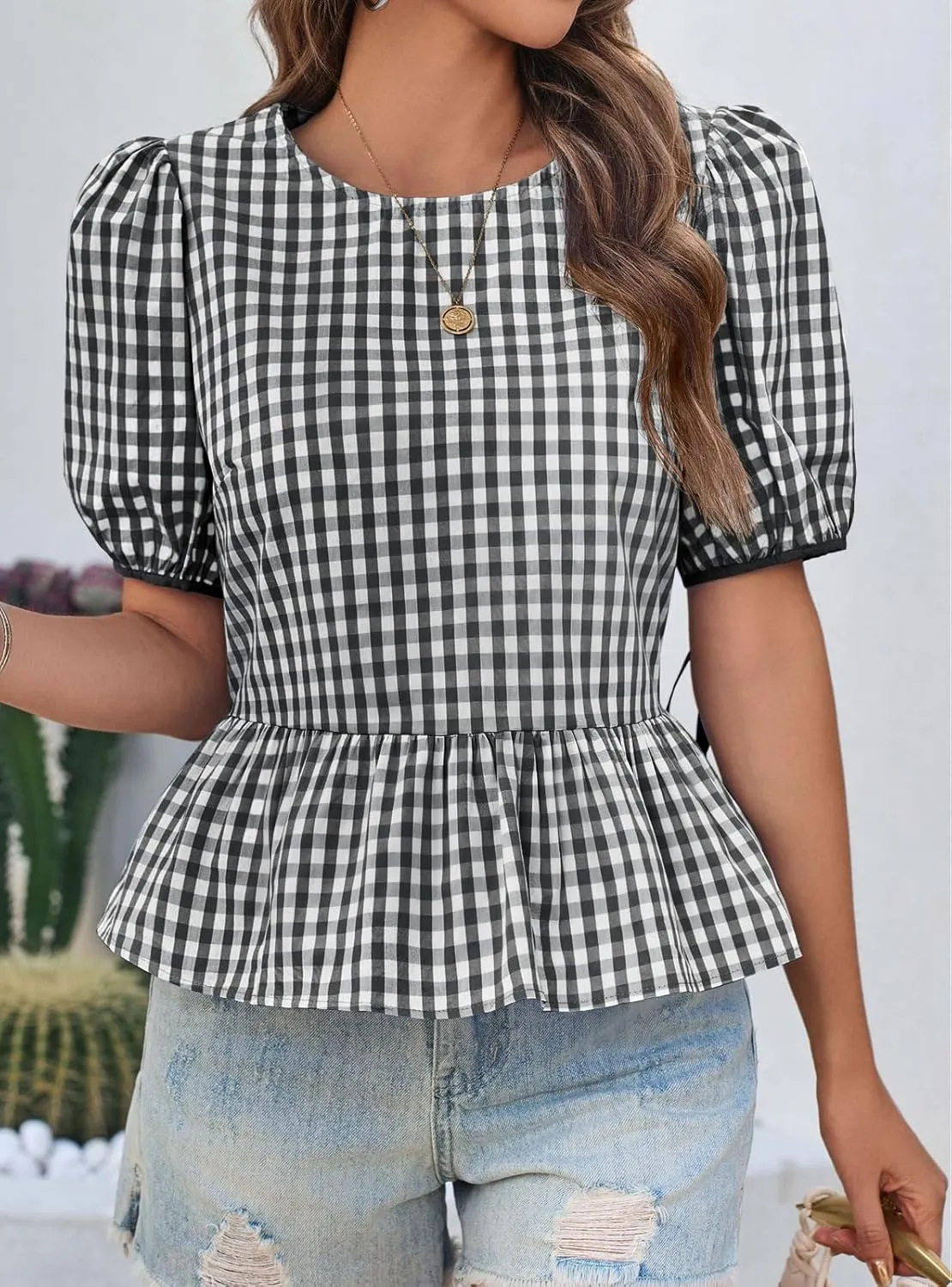 Cicy Bell Womens Puff Sleeve Gingham Blouse Summer Ruffle Peplum Babydoll Tops Cute Plaid Cotton Shirts