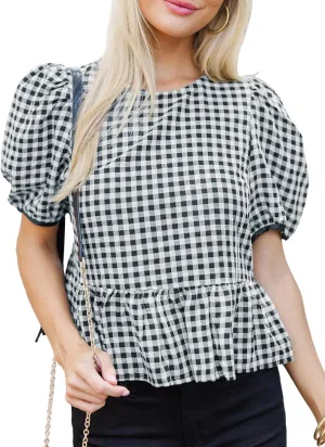 Cicy Bell Womens Puff Sleeve Gingham Blouse Summer Ruffle Peplum Babydoll Tops Cute Plaid Cotton Shirts