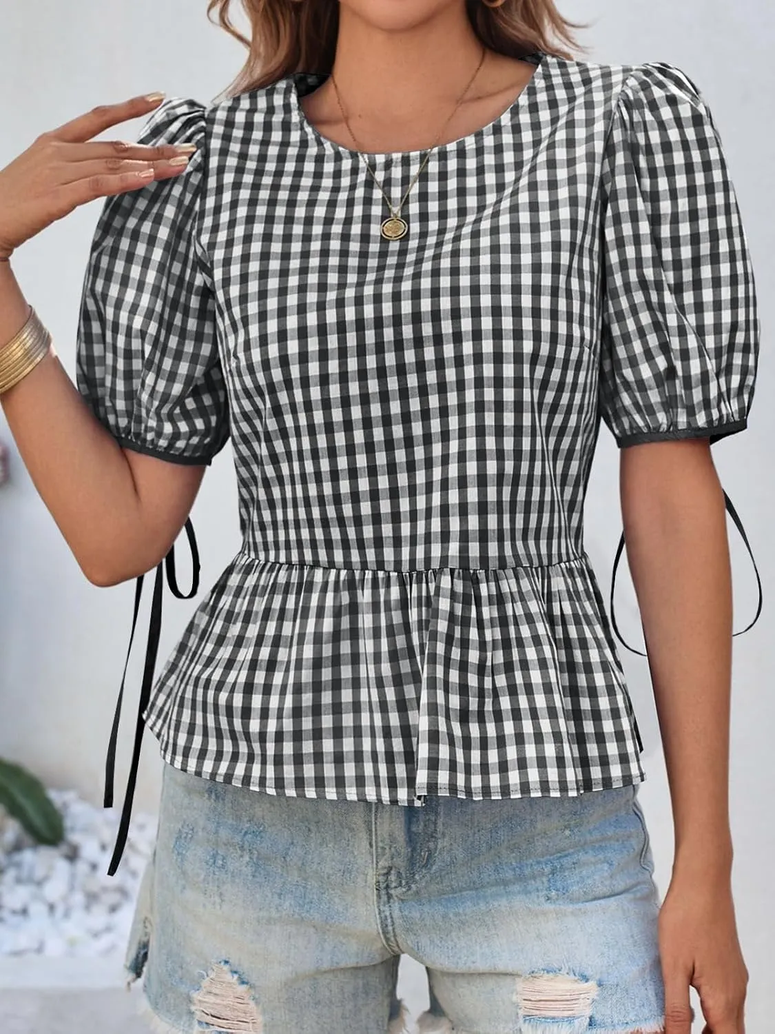 Cicy Bell Womens Puff Sleeve Gingham Blouse Summer Ruffle Peplum Babydoll Tops Cute Plaid Cotton Shirts