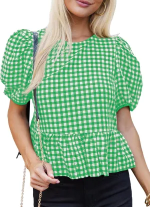 Cicy Bell Womens Puff Sleeve Gingham Blouse Summer Ruffle Peplum Babydoll Tops Cute Plaid Cotton Shirts
