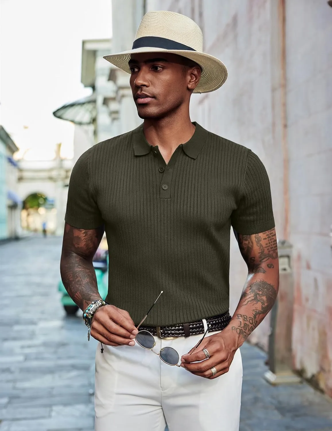 COOFANDY Mens Knit Polo Shirts Short Sleeve Button Down Shirt Textured Casual Summer Beach Shirts