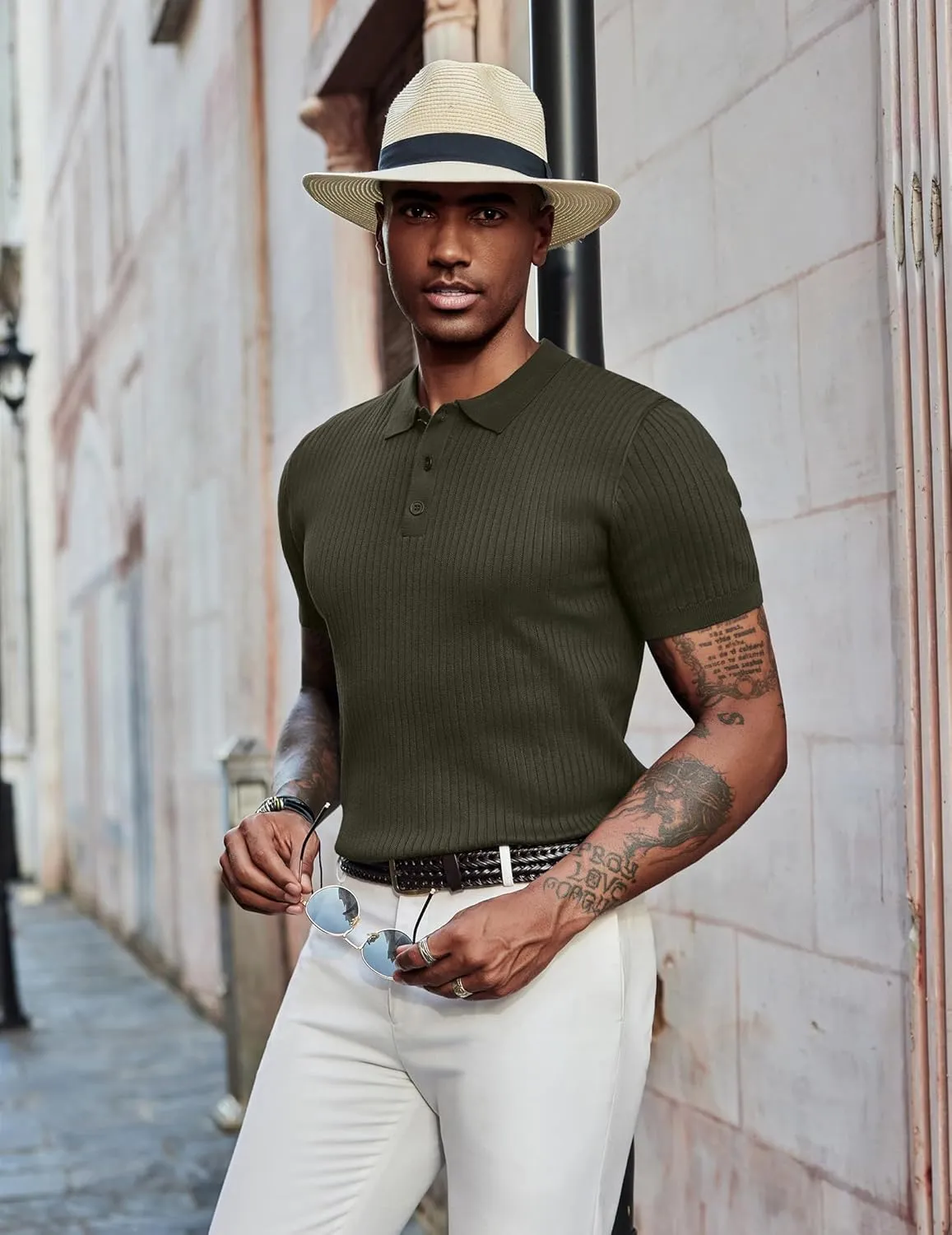 COOFANDY Mens Knit Polo Shirts Short Sleeve Button Down Shirt Textured Casual Summer Beach Shirts