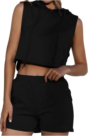 Crop Top Hoodie Outfits for Women Sports 2 Piece Sets Fashion Sleeveless Lounge Hooded Tank Tops and Wide Leg Shorts