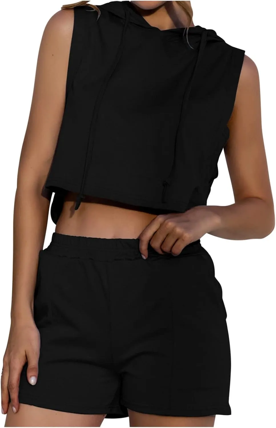 Crop Top Hoodie Outfits for Women Sports 2 Piece Sets Fashion Sleeveless Lounge Hooded Tank Tops and Wide Leg Shorts
