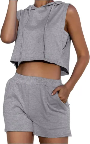 Crop Top Hoodie Outfits for Women Sports 2 Piece Sets Fashion Sleeveless Lounge Hooded Tank Tops and Wide Leg Shorts