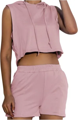 Crop Top Hoodie Outfits for Women Sports 2 Piece Sets Fashion Sleeveless Lounge Hooded Tank Tops and Wide Leg Shorts