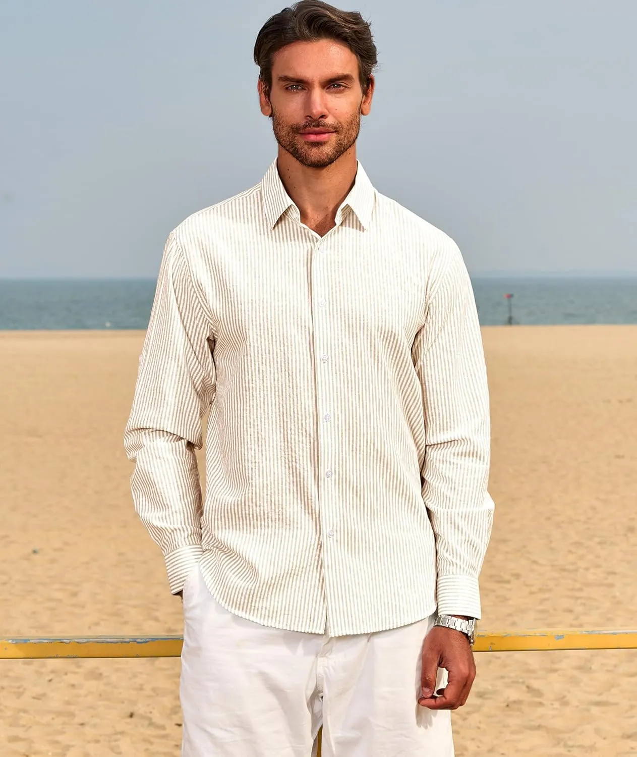 Deer Lady Mens Long Sleeve Button Down Shirt Striped Casual Cotton Business Summer Beach Wedding Dress Shirts