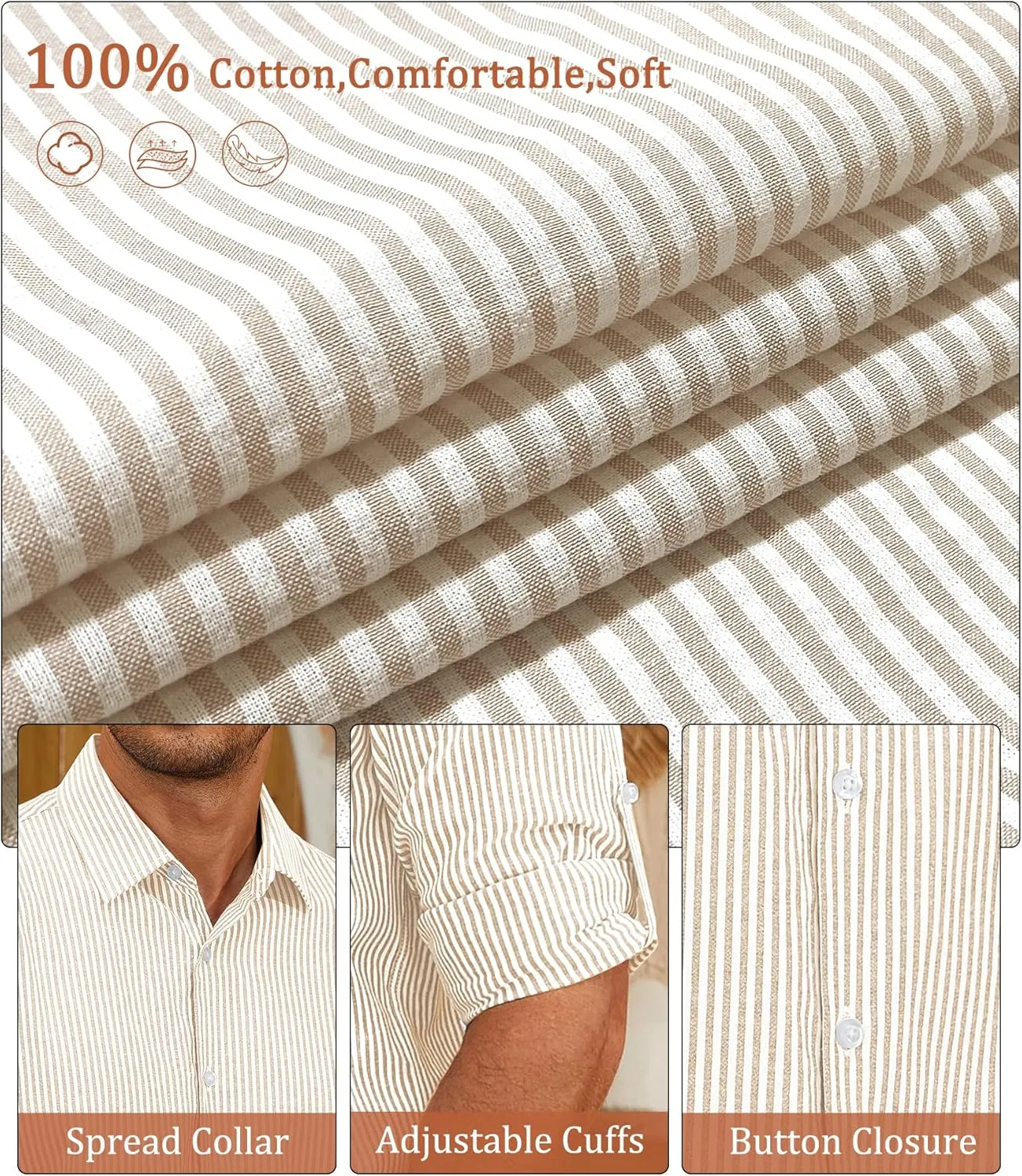 Deer Lady Mens Long Sleeve Button Down Shirt Striped Casual Cotton Business Summer Beach Wedding Dress Shirts