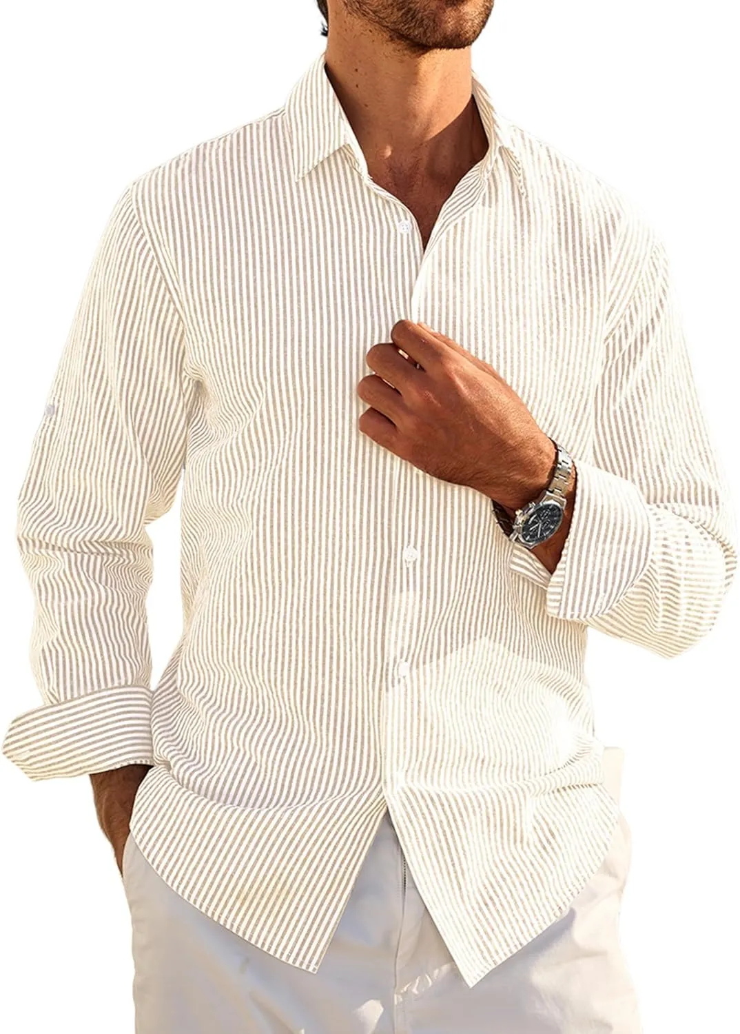 Deer Lady Mens Long Sleeve Button Down Shirt Striped Casual Cotton Business Summer Beach Wedding Dress Shirts