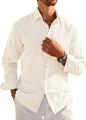 Deer Lady Mens Long Sleeve Button Down Shirt Striped Casual Cotton Business Summer Beach Wedding Dress Shirts