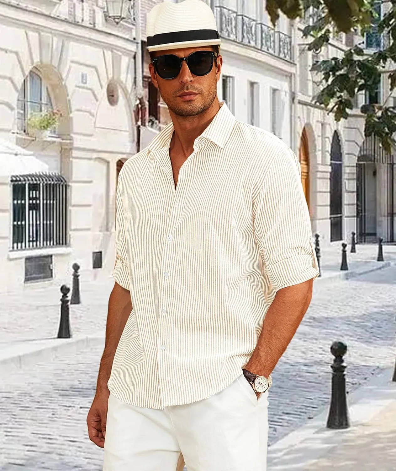 Deer Lady Mens Long Sleeve Button Down Shirt Striped Casual Cotton Business Summer Beach Wedding Dress Shirts