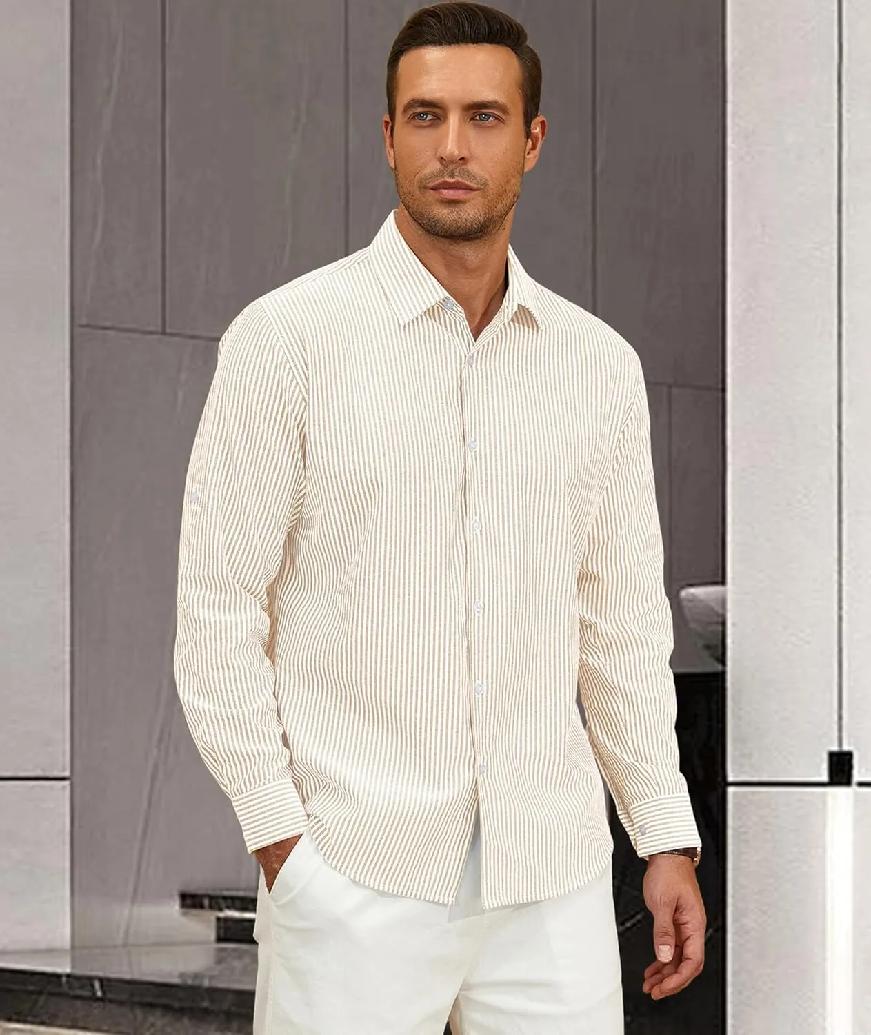 Deer Lady Mens Long Sleeve Button Down Shirt Striped Casual Cotton Business Summer Beach Wedding Dress Shirts