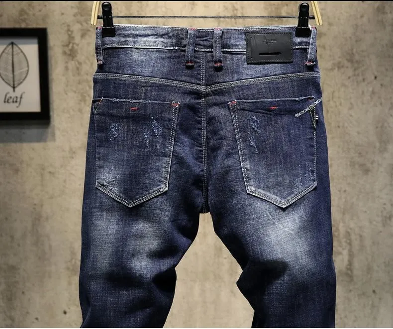 Destroyed Ripped Ankle-Length Tapered Jeans - Dark Blue