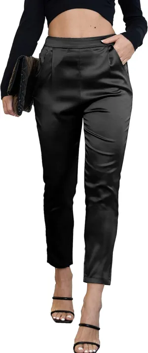 heipeiwa Women's Satin Pants Dress Casual Pleated Pull on High Waist Pants Baggy Front Tapered Trouser
