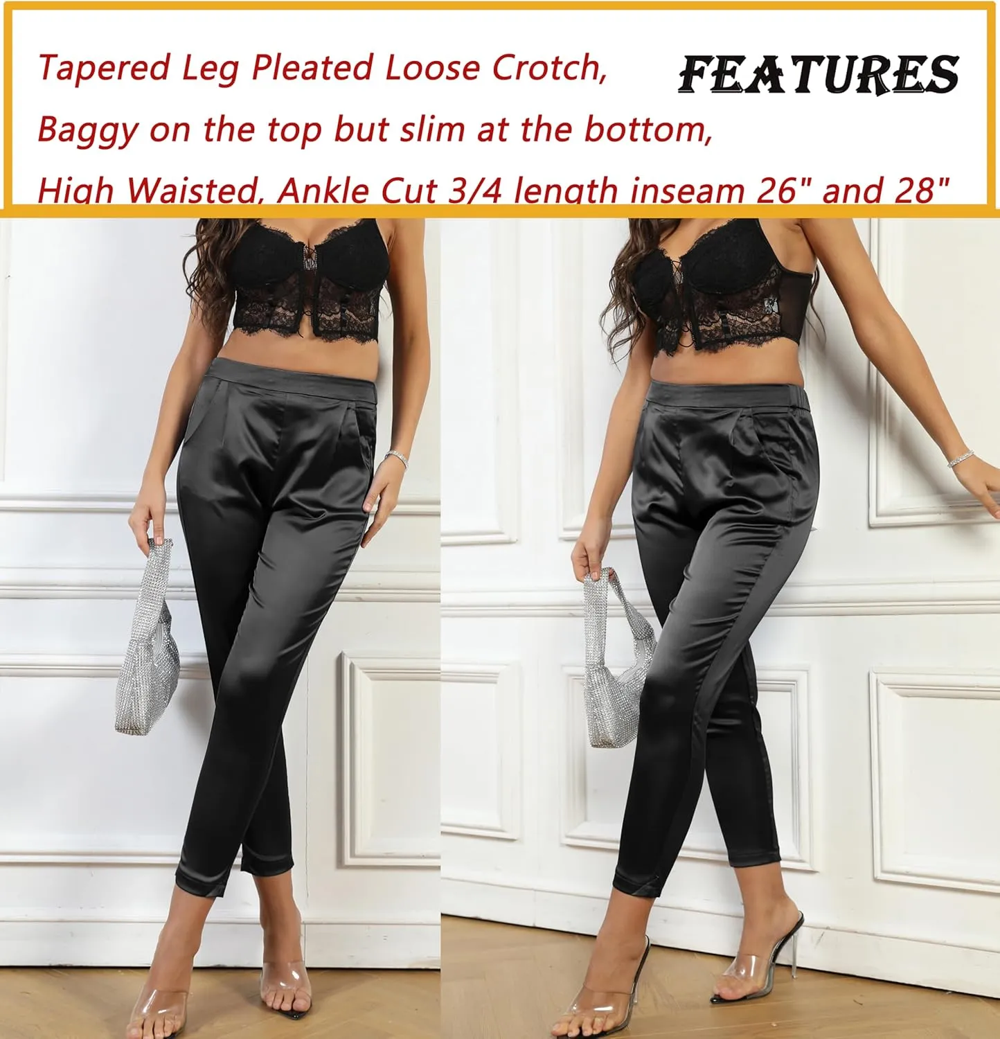 heipeiwa Women's Satin Pants Dress Casual Pleated Pull on High Waist Pants Baggy Front Tapered Trouser