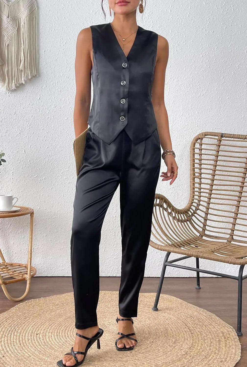 heipeiwa Women's Satin Pants Dress Casual Pleated Pull on High Waist Pants Baggy Front Tapered Trouser