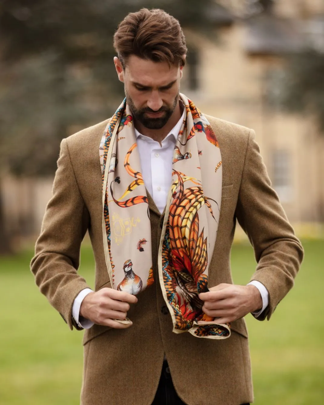 Here Come The Boys Silk Pheasant Scarf in Toffee