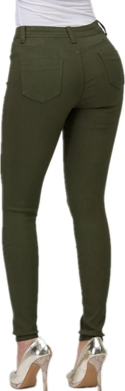 High Waisted-Rise Colored Stretch Skinny Destroyed Ripped Distressed Jeans for Women Olive Mustard RED