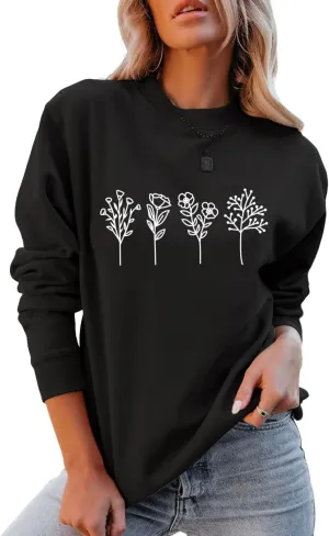 JBF Cloth Flower Sweatshirt Womens 80s Vintage Minimalistic Floral Printed Long Sleeves Sweatshirt Pullovers Tops