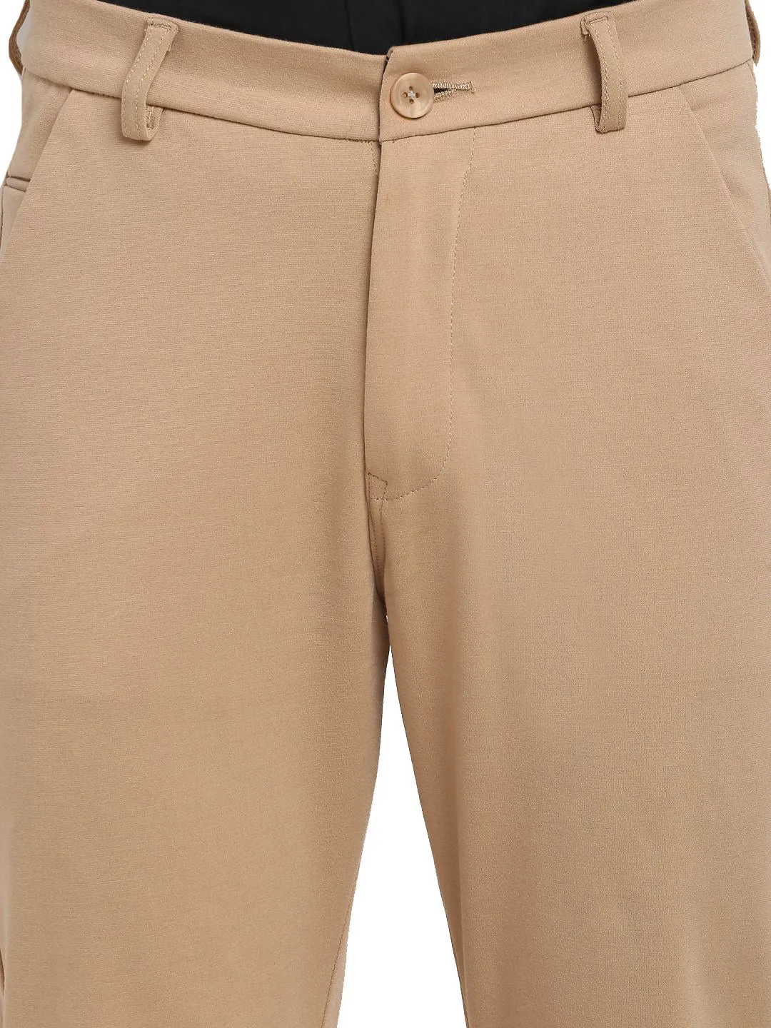 Men'S Beige 4-Way Lycra Tapered Fit Trousers
