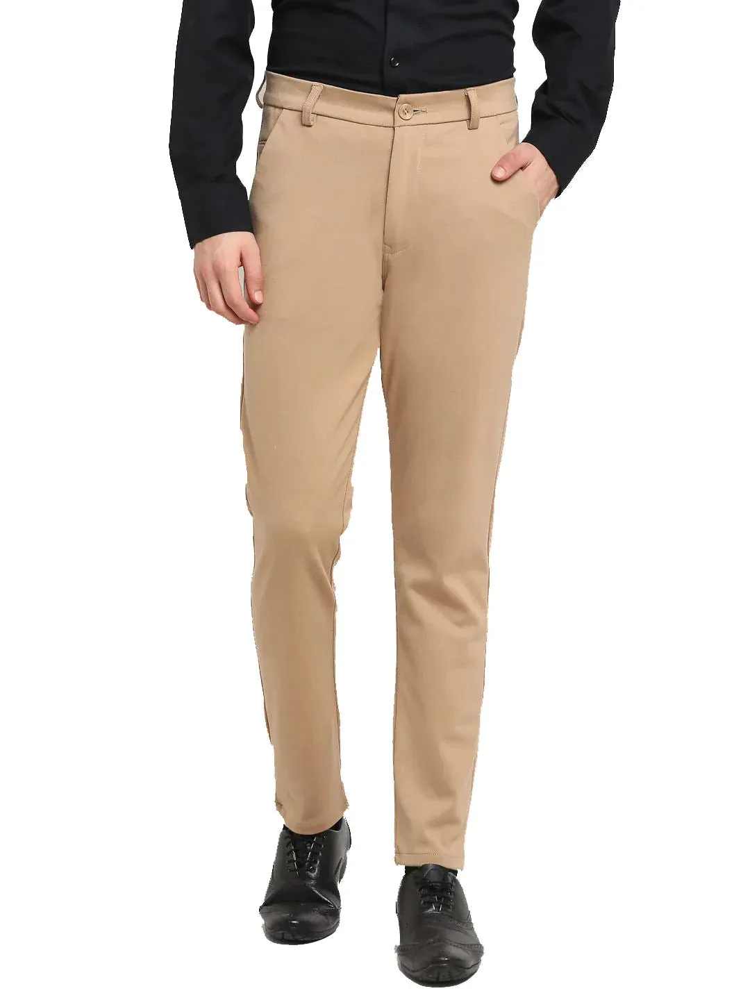 Men'S Beige 4-Way Lycra Tapered Fit Trousers