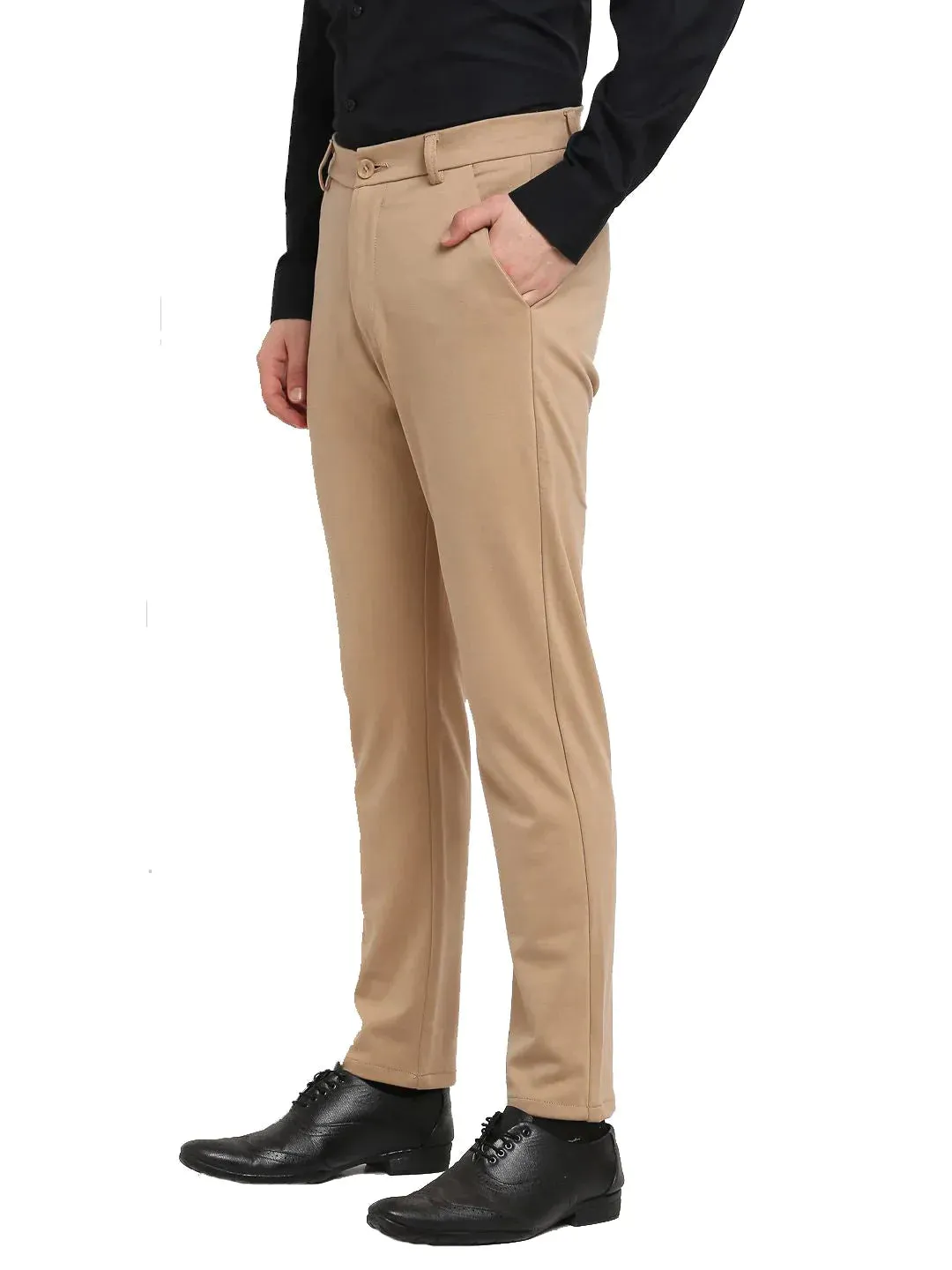 Men'S Beige 4-Way Lycra Tapered Fit Trousers